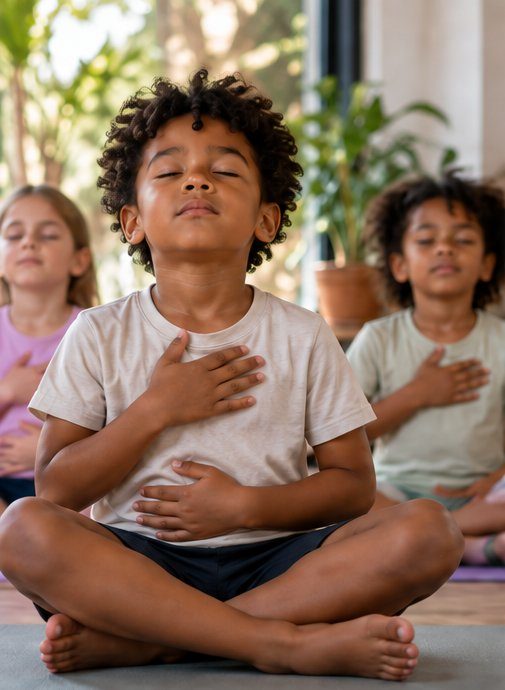 A child sitting cross-legged with eyes closed and hands on chest, breathing calmly
