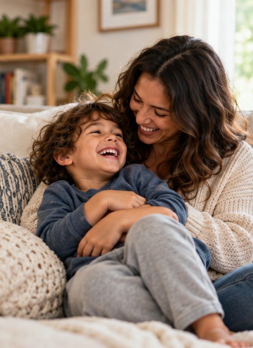A mother and child laughing together on a cozy couch
