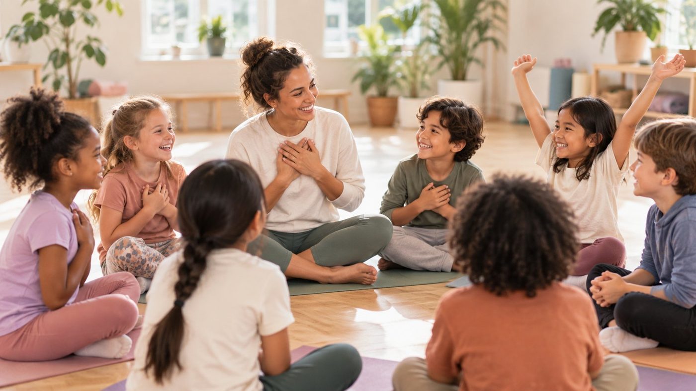 An instructor and kids sitting in a circle with hands on their hearts, smiling and cheering