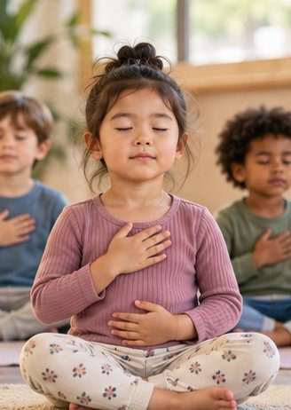 A child with eyes closed and hands on heart and belly, breathing