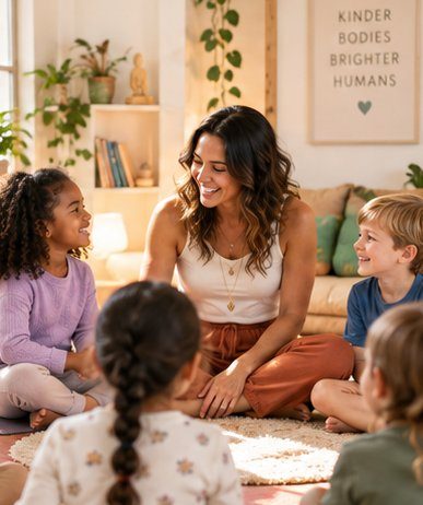 An instructor smiling with kids sitting in a circle