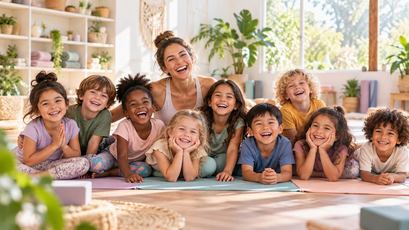 An instructor laughing with a big group of happy kids on yoga mats