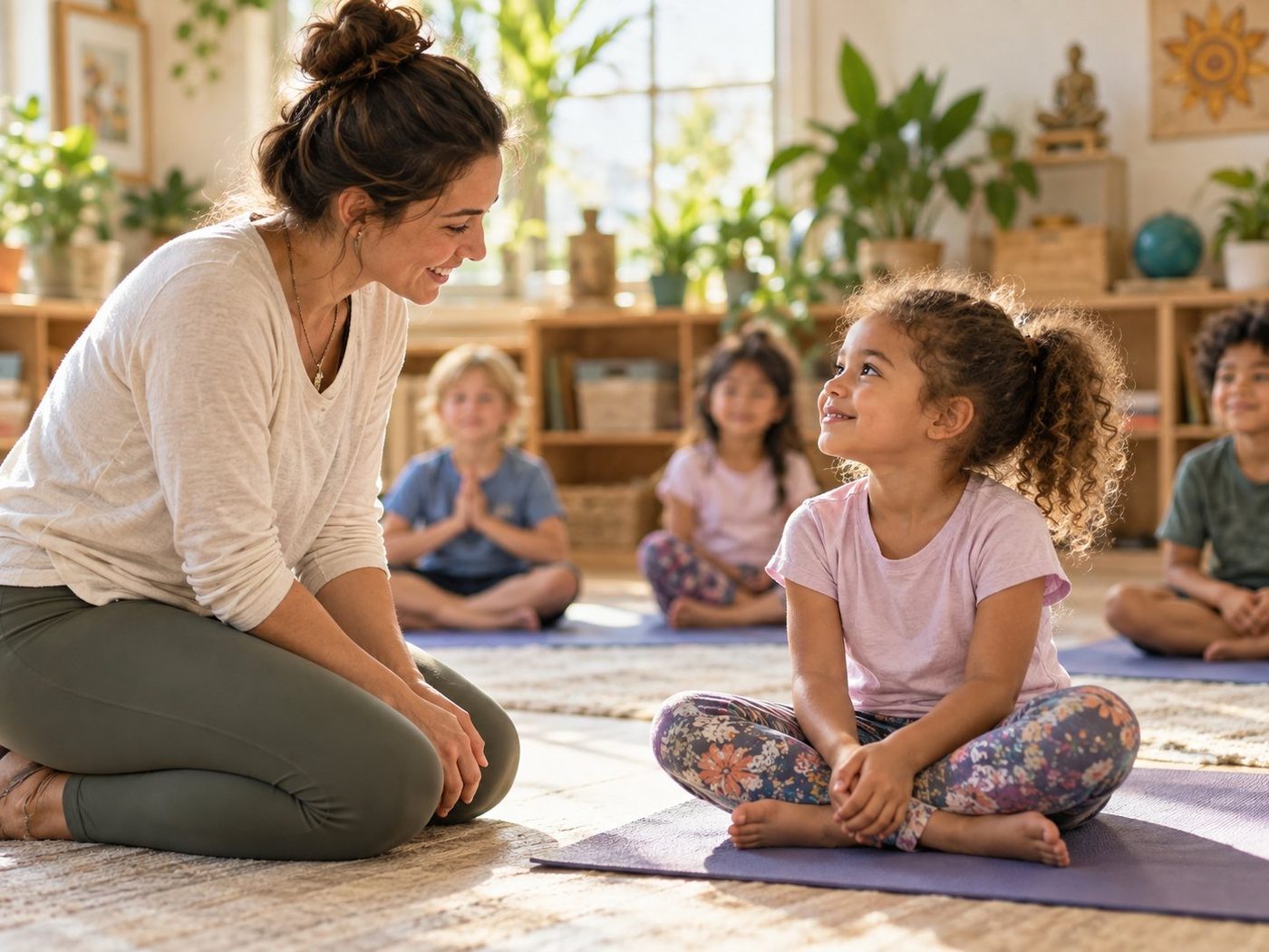 An instructor kneeling at eye level, smiling with a young girl on a yoga mat