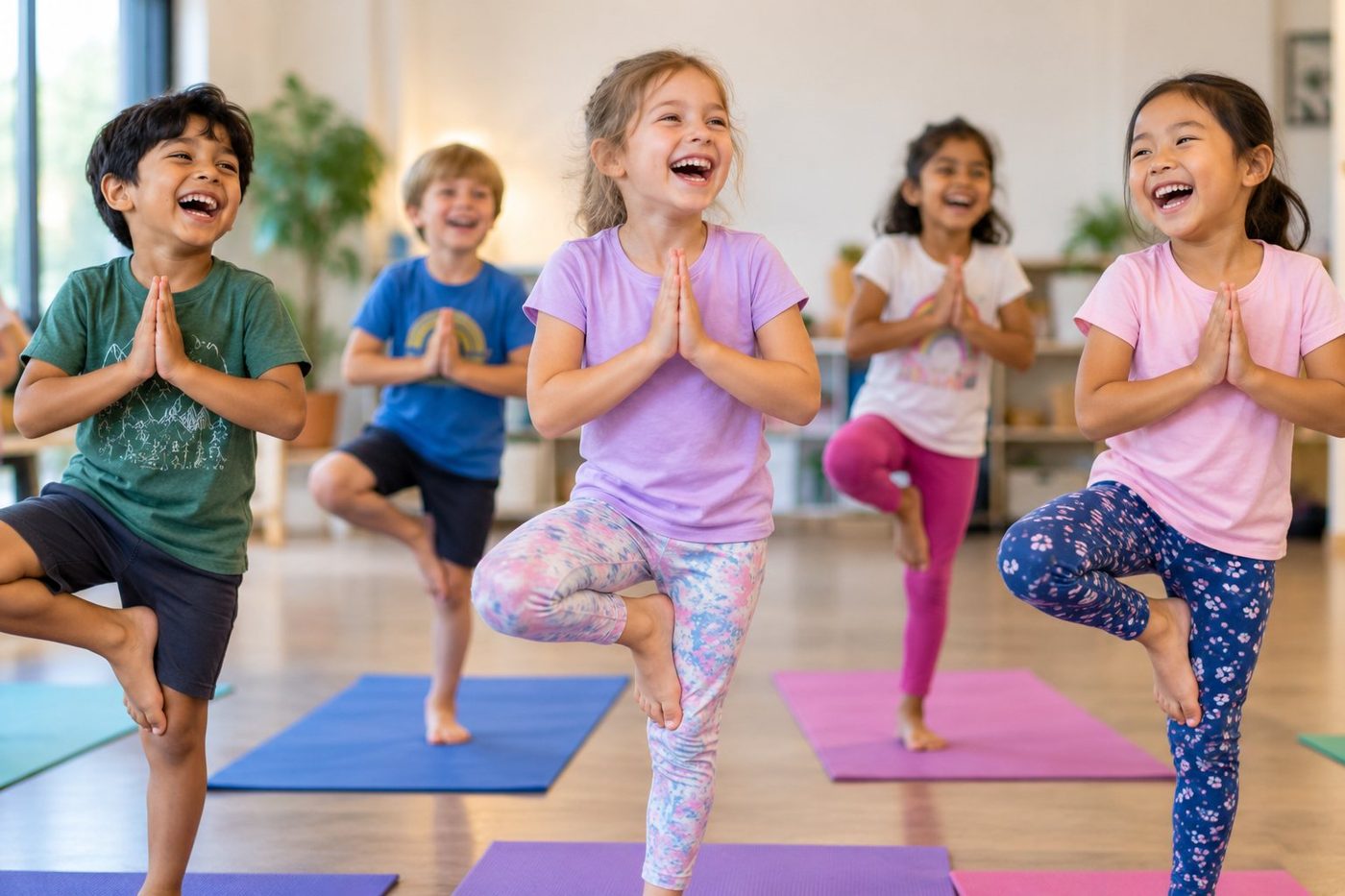 Five smiling children balancing in tree pose on colorful yoga mats