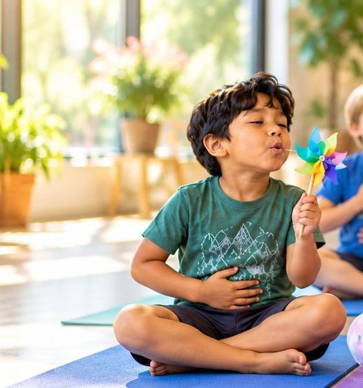 A boy sitting on a yoga mat with a hand on his belly, blowing a rainbow pinwheel