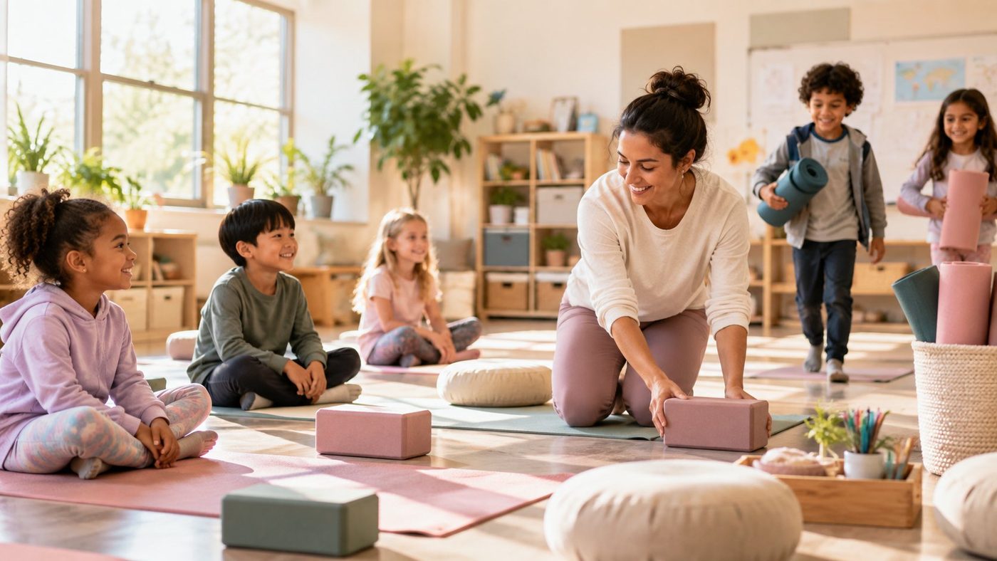An instructor setting up mats and blocks as kids arrive with their mats